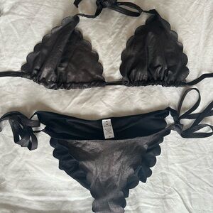 PILYQ Swim Brown Metallic Scalloped String Bikini SET